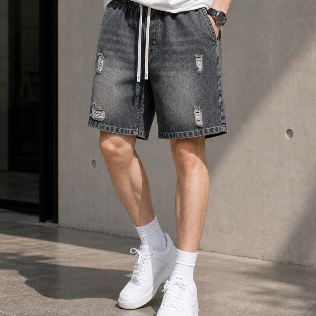 Quần Short Jean Nam Xước Form Trên Gối T.O Studio Cạp Chun Co Giãn Thoải Mái Dễ Mặc