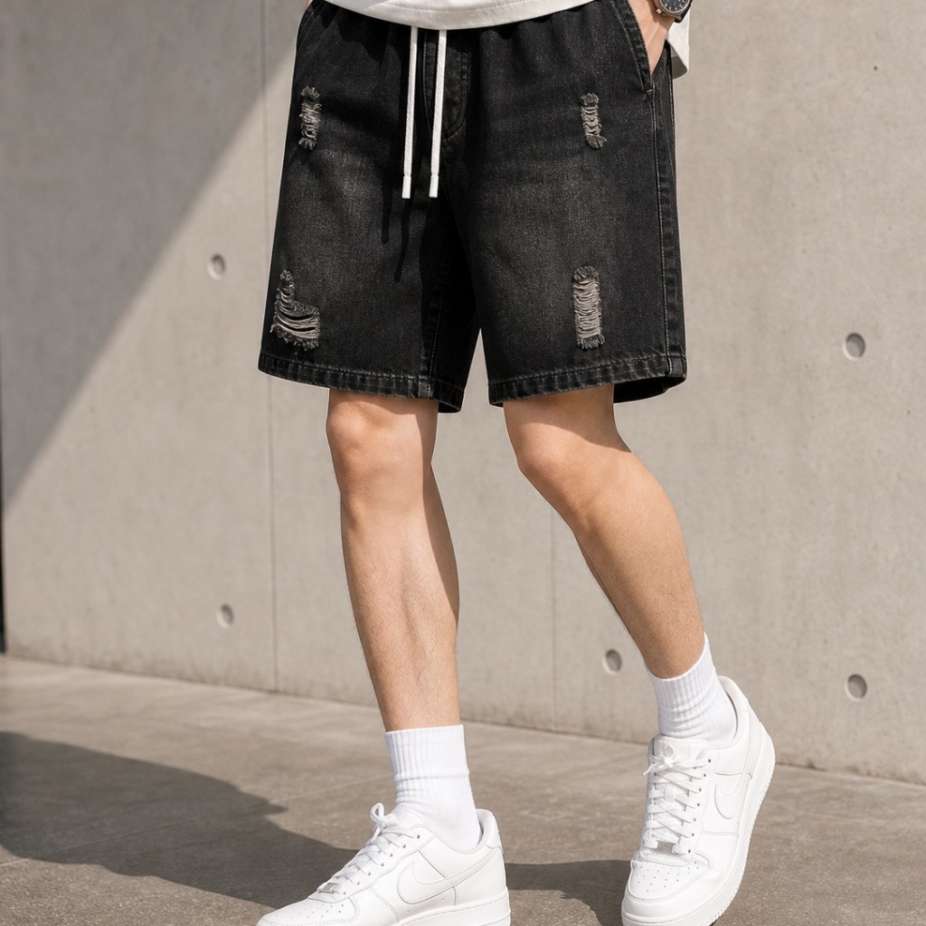 Quần Short Jean Nam Xước Form Trên Gối T.O Studio Cạp Chun Co Giãn Thoải Mái Dễ Mặc