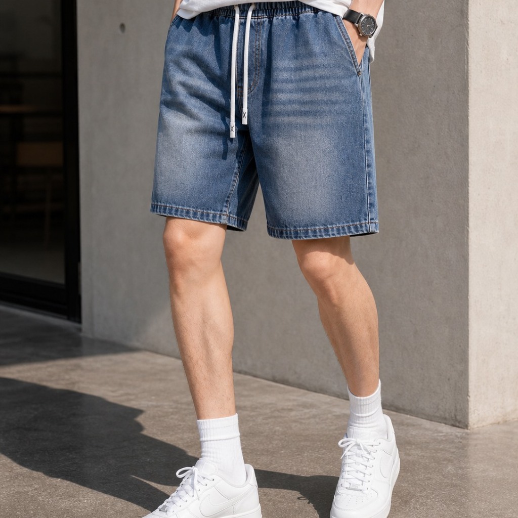 Quần Short Jean Nam Xước Form Trên Gối T.O Studio Cạp Chun Co Giãn Thoải Mái Dễ Mặc