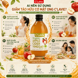 Giấm Táo Hữu Cơ Mật Ong C’LaVie 500ml Có Giấm Mẹ Nhập Khẩu Ý Vị Chua Ngọt Dễ Uống