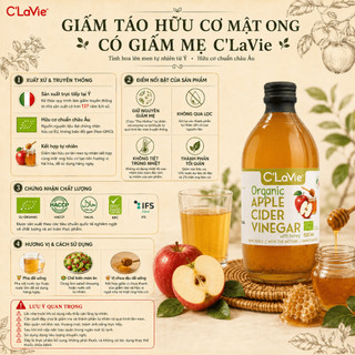 Giấm Táo Hữu Cơ Mật Ong C’LaVie 500ml Có Giấm Mẹ Nhập Khẩu Ý Vị Chua Ngọt Dễ Uống
