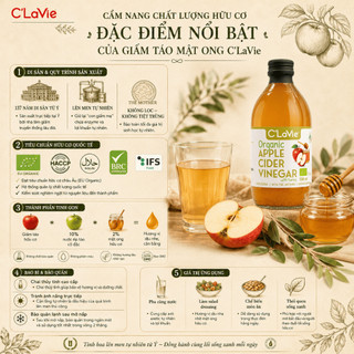 Giấm Táo Hữu Cơ Mật Ong C’LaVie 500ml Có Giấm Mẹ Nhập Khẩu Ý Vị Chua Ngọt Dễ Uống