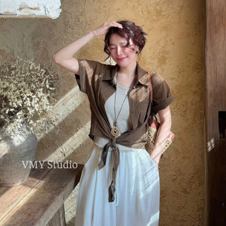 VMY Studio - Set sơmi thắt nơ phối áo hai dây vòng cổ trẻ trung năng động nữ, set áo phối vòng 2 dây xinh xắn nữ