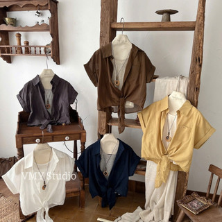 VMY Studio - Set sơmi thắt nơ phối áo hai dây vòng cổ trẻ trung năng động nữ, set áo phối vòng 2 dây xinh xắn nữ