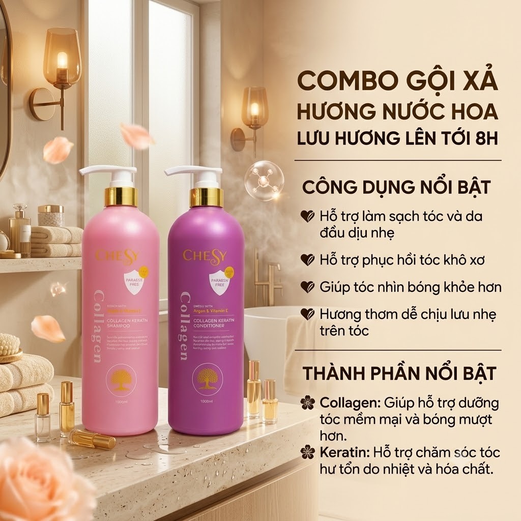 [CHESY CHÍNH HÃNG] Combo Dầu Gội Xả CHESY Collagen 1000ml Giảm Bết Nhờn, Phục Hồi Hư Tổn, Dưỡng Tóc Mềm Mượt, Bóng Khỏe
