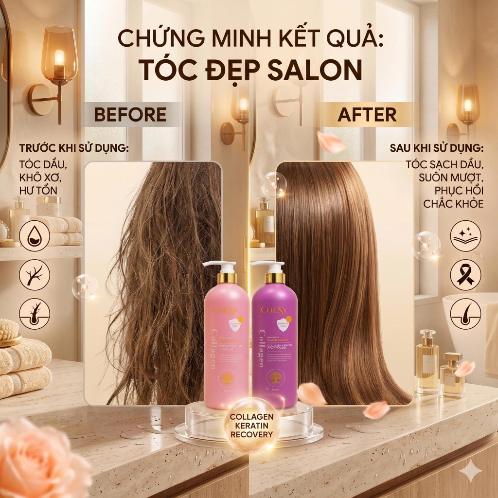 [CHESY CHÍNH HÃNG] Combo Dầu Gội Xả CHESY Collagen 1000ml Giảm Bết Nhờn, Phục Hồi Hư Tổn, Dưỡng Tóc Mềm Mượt, Bóng Khỏe