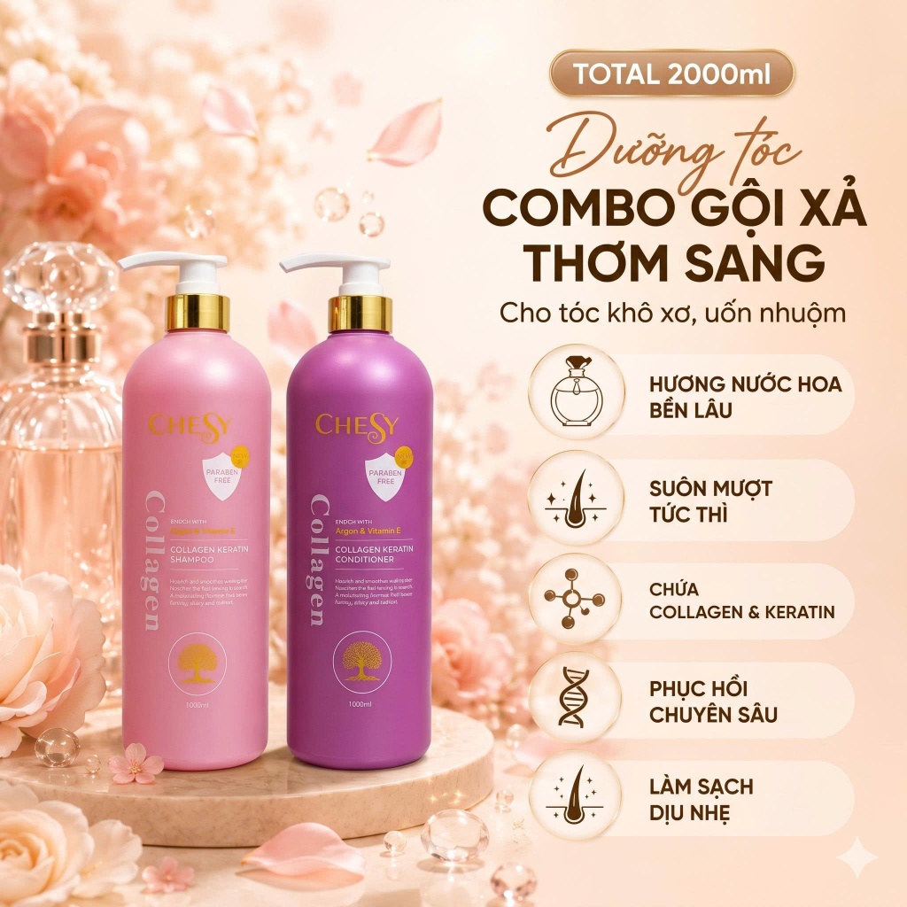 [CHESY CHÍNH HÃNG] Combo Dầu Gội Xả CHESY Collagen 1000ml Giảm Bết Nhờn, Phục Hồi Hư Tổn, Dưỡng Tóc Mềm Mượt, Bóng Khỏe