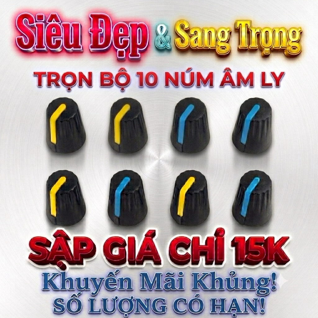 Chỉ [15 K] Combo 10 Núm Vặn Volume Cho Amply, Loa Kéo Vạch Màu Nổi Bật (Xanh/ Vàng), Trục D 6mm, KT: 19.5x11x13.5mm