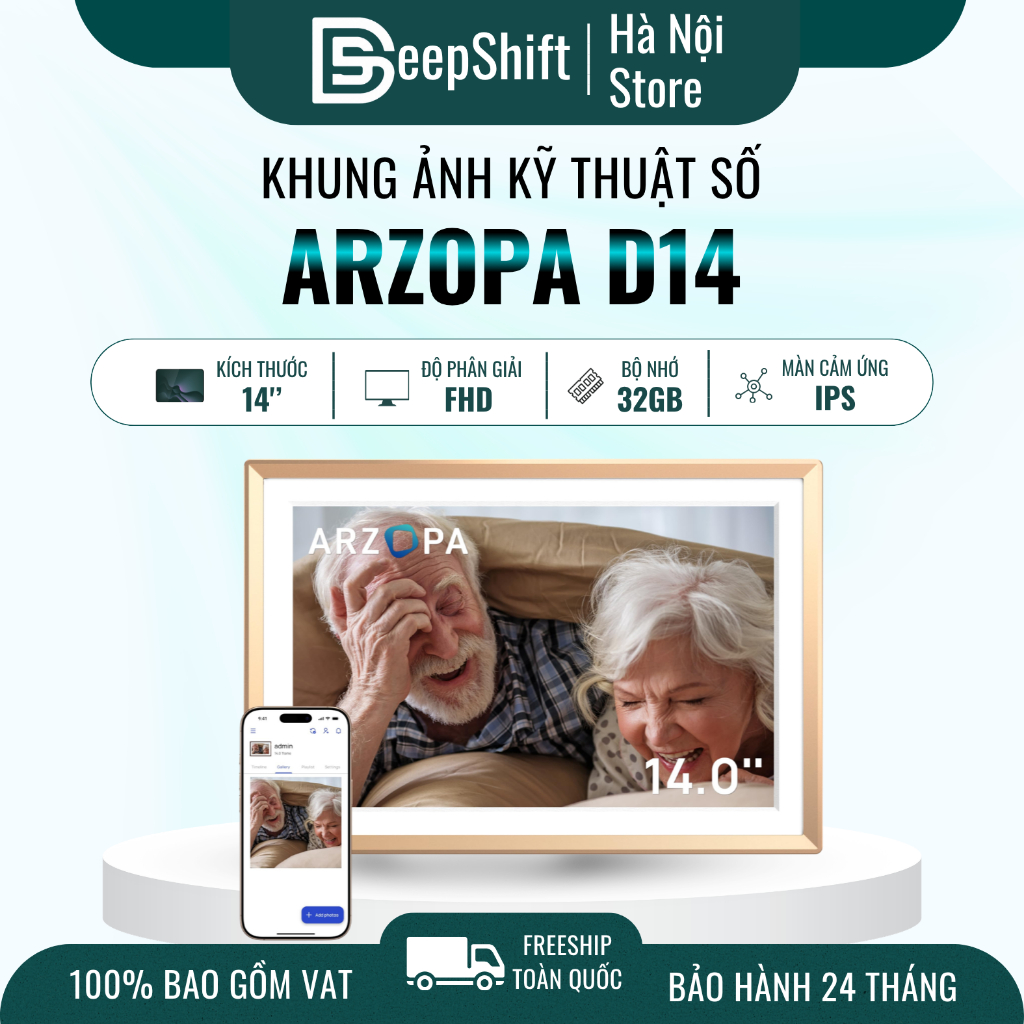 [Hỏa tốc 1H HCM] Khung ảnh/video kỹ thuật số ARZOPA D14 Champagne Gold WiFi 14" | Cảm ứng IPS, Bộ nhớ 32GB, Tự động xoay