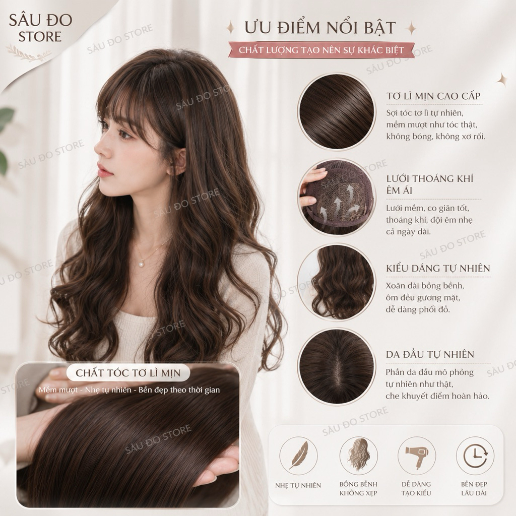 [TOP BÁN CHẠY] BỘ TÓC GIẢ XOĂN NHẸ CẢ ĐẦU TẶNG LƯỚI TRÙM TÓC THẬT