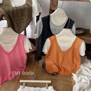 VMY Studio - Áo len montoghi pha cộc tay trắng liền áo gile nữ, áo nữ cộc tay cổ tim tối giản nữ