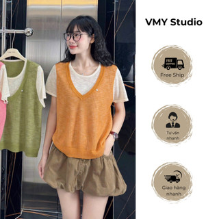 VMY Studio - Áo len montoghi pha cộc tay trắng liền áo gile nữ, áo nữ cộc tay cổ tim tối giản nữ