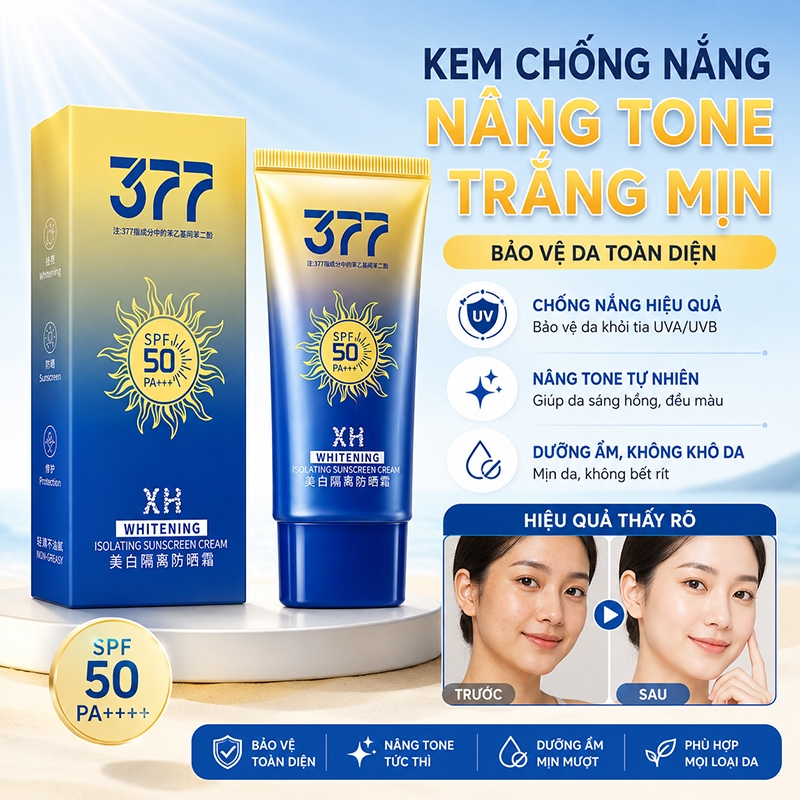 【BÁN CHẠY】Kem Chống Nắng 377 SPF50 PA++++ 50g Nâng Tone Dưỡng Ẩm Chống Tia UV Không Bết Dính