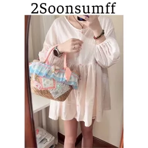 2Soonsumff Đầm babydoll dáng ngắn xòe tay dài bồng cổ tròn kèm quần short ngắn màu hồng ngọt ngào phong cách ulzzang nữ