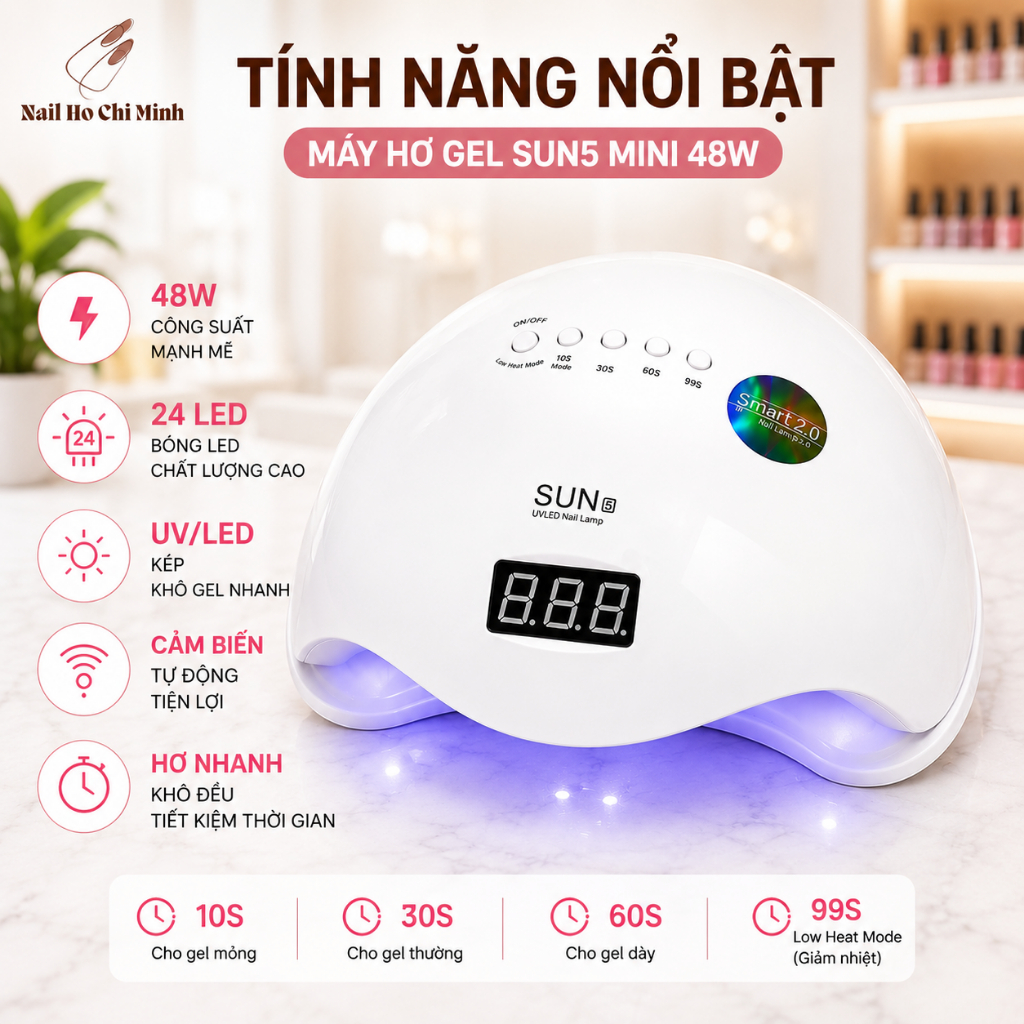 [LOẠI TÔT] Máy Hơ Gel Sun 5 tem xanh UV LED 48w, 24 bóng, 4 chế độ tự động