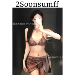 2Soonsumff Bikini 3 mảnh họa tiết caro buộc dây kèm khăn quấn sexy, bộ đồ bơi cao cấp cho nữ