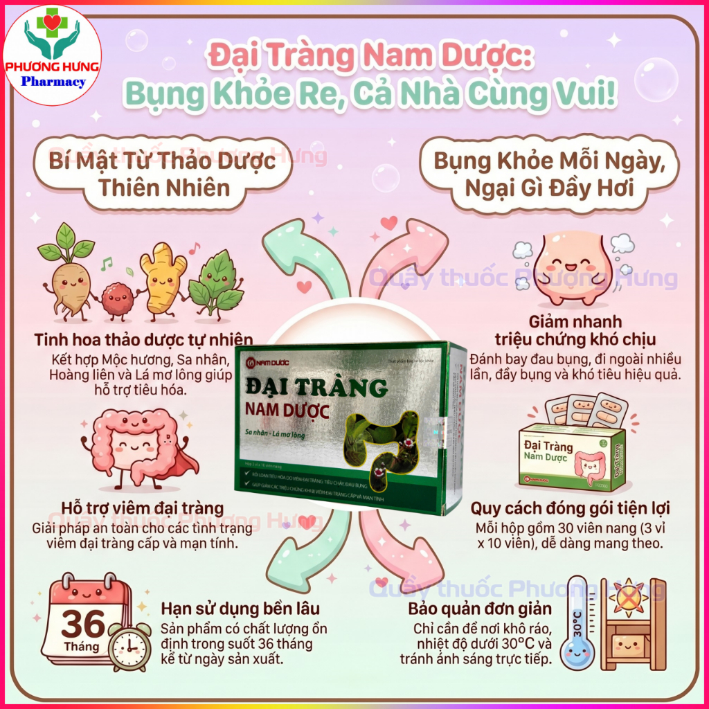 Đại Tràng Nam Dược Giúp Giảm Các Triệu Chứng Rối Loạn Tiêu Hóa, Tiêu Chảy, Đau Bụng - Hộp 30 Viên