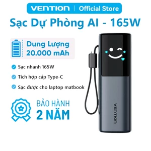 Pin Sạc Dự Phòng 165W 20000mAh Vention Sạc Được Laptop MatBook, Dây Type-C Tích Hợp, Màn Hình AI, 2 Cổng USB-A/C