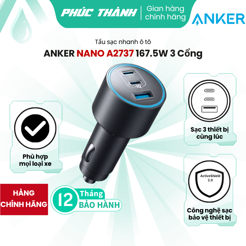 Tẩu Sạc Nhanh Xe Hơi Anker Nano 167.5w 3 Cổng PD/PPS2.0/QC3.0 A2737 - Bảo Hành 12 Tháng