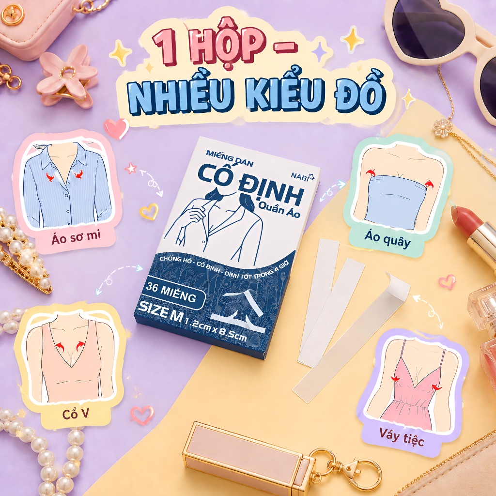 Miếng Dán Cố Định Quần Áo NABI Hộp 36 Miếng, Keo Dán Da Và Vải Trong Suốt, Hỗ Trợ Giữ Form Váy Áo