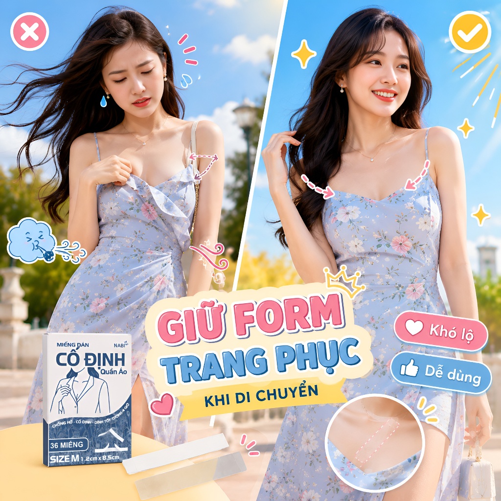 Miếng Dán Cố Định Quần Áo NABI Hộp 36 Miếng, Keo Dán Da Và Vải Trong Suốt, Hỗ Trợ Giữ Form Váy Áo