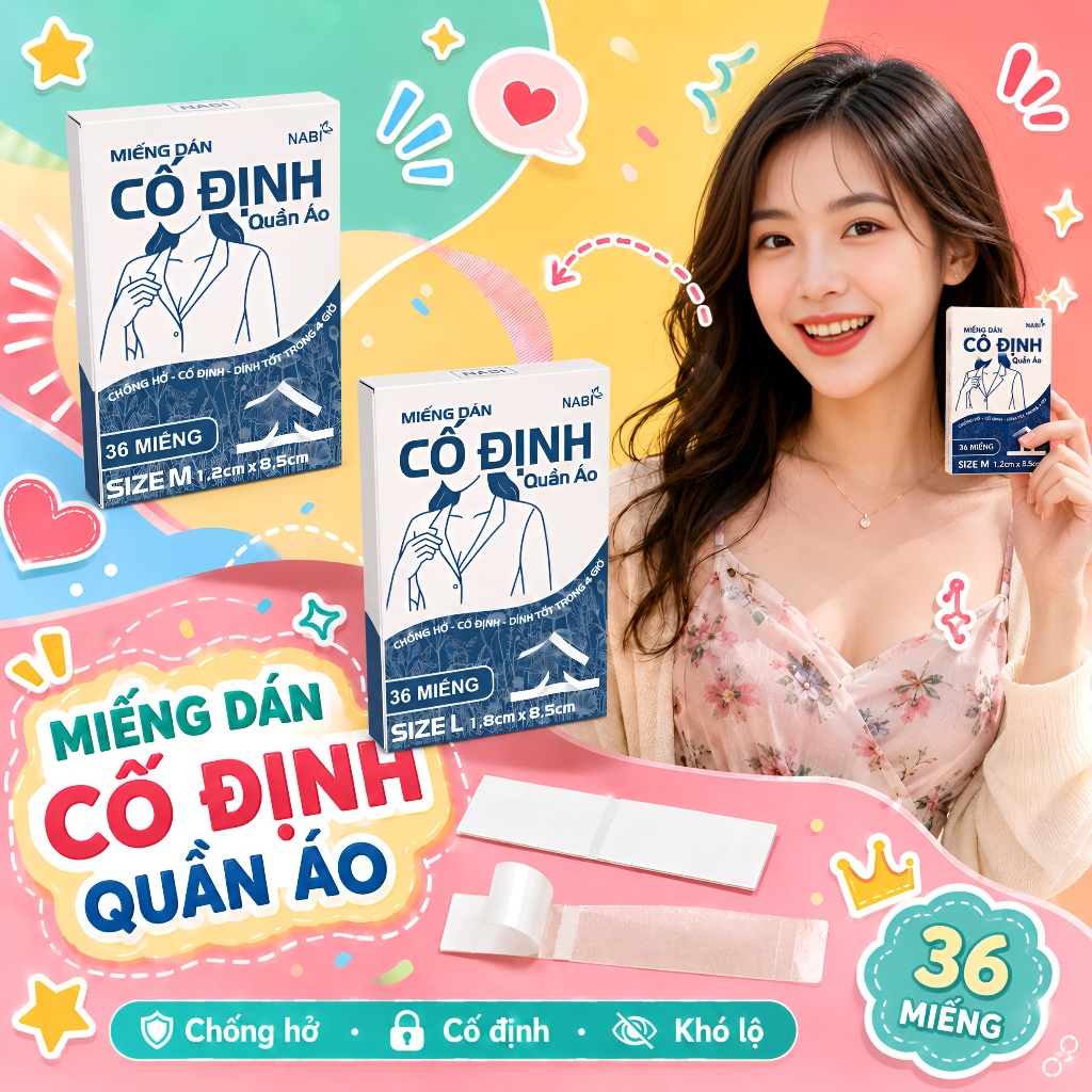 Miếng Dán Cố Định Quần Áo NABI Hộp 36 Miếng, Keo Dán Da Và Vải Trong Suốt, Hỗ Trợ Giữ Form Váy Áo