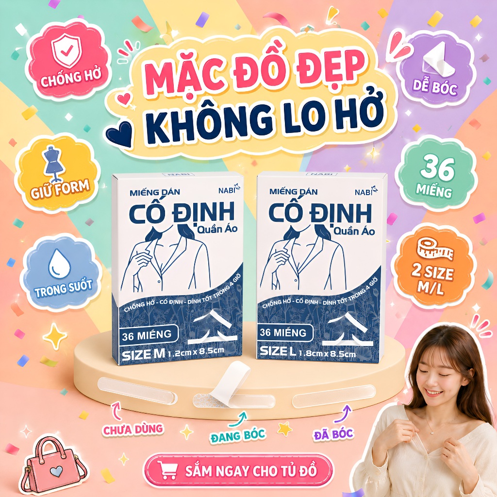 Miếng Dán Cố Định Quần Áo NABI Hộp 36 Miếng, Keo Dán Da Và Vải Trong Suốt, Hỗ Trợ Giữ Form Váy Áo
