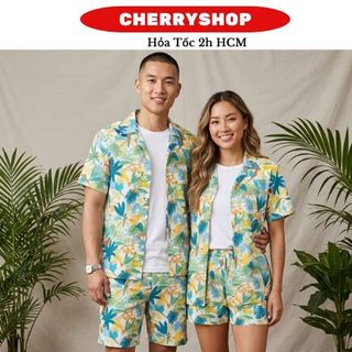 Đồ bộ đi biển nữ – vải mát, co giãn, hoạ tiết hoa nhiệt đới nổi bật báo trắng