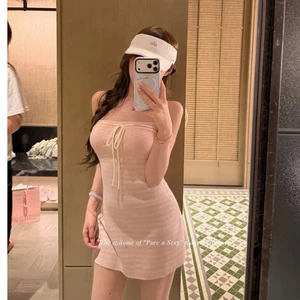 Váy Mini Ballet kẻ trắng Hồng pastel hàn quốc