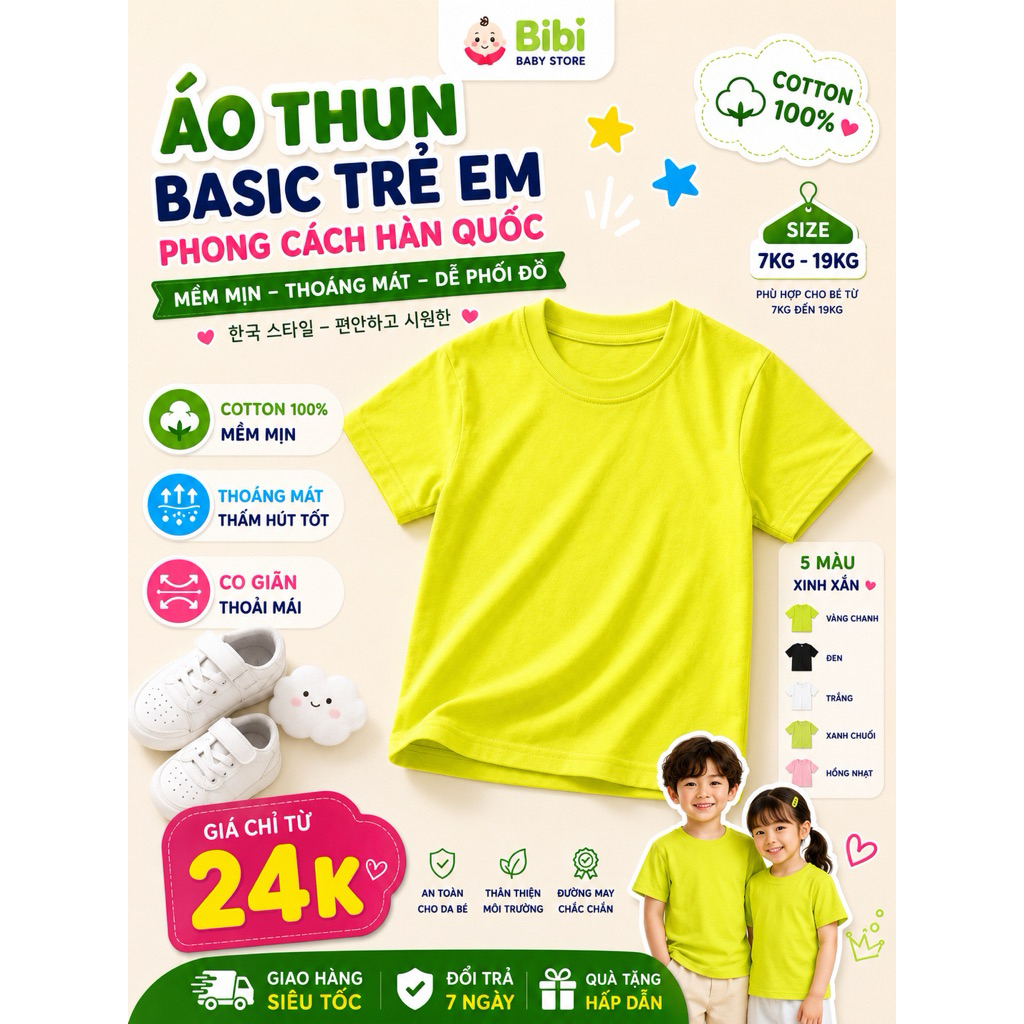 Áo Phông Trẻ Em Unisex Cotton 4 Chiều Co Giãn Mềm Mát - Áo Thun Bé Gái Bé Trai Basic Nhiều Màu Hot Trend