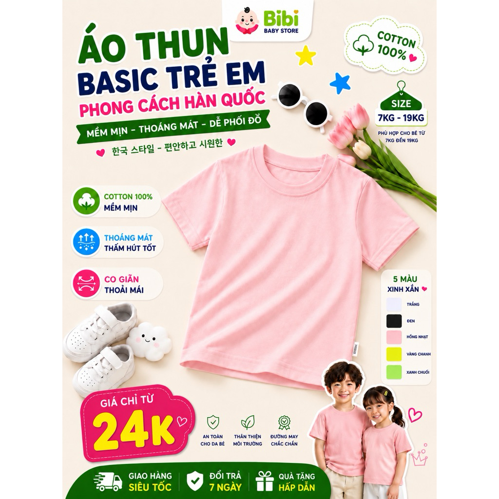 Áo Phông Trẻ Em Unisex Cotton 4 Chiều Co Giãn Mềm Mát - Áo Thun Bé Gái Bé Trai Basic Nhiều Màu Hot Trend
