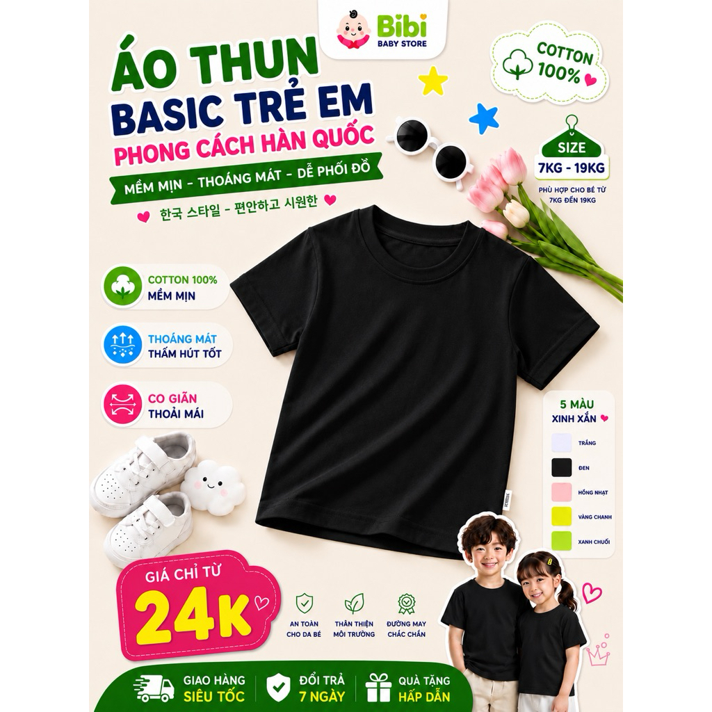 Áo Phông Trẻ Em Unisex Cotton 4 Chiều Co Giãn Mềm Mát - Áo Thun Bé Gái Bé Trai Basic Nhiều Màu Hot Trend