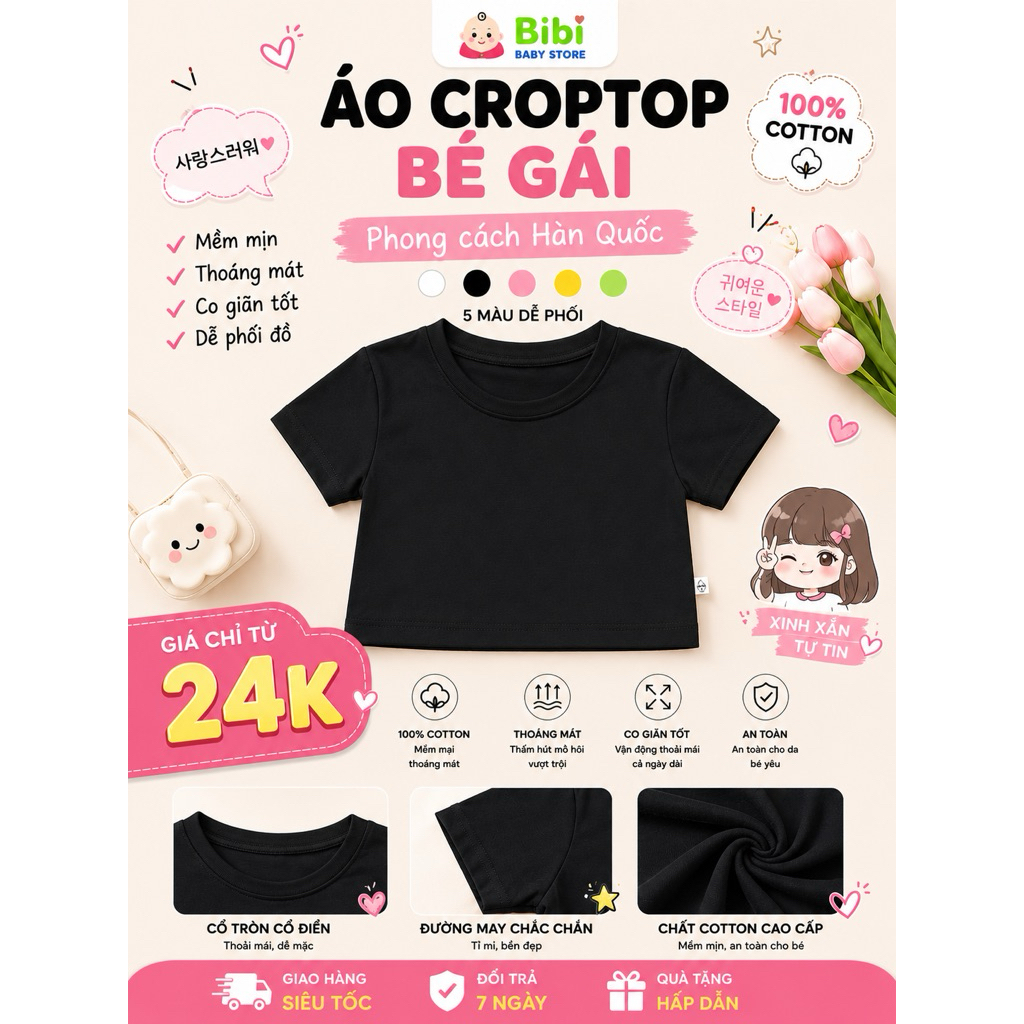 Áo Croptop Bé Gái Basic Hàn Quốc Chất Cotton 4 Chiều Mềm Mịn Co Giãn Mặc Đi Chơi Chụp Ảnh Cực Xinh