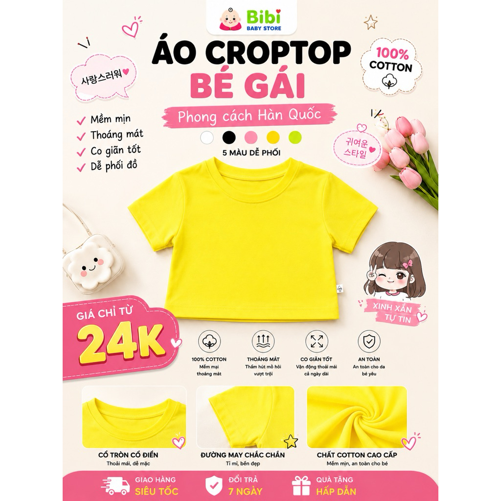 Áo Croptop Bé Gái Basic Hàn Quốc Chất Cotton 4 Chiều Mềm Mịn Co Giãn Mặc Đi Chơi Chụp Ảnh Cực Xinh