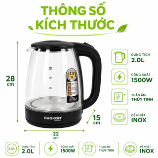 Ấm Siêu Tốc Thủy Tinh Trong Suốt Cuckoo GD239 - Bình Đun Nước Siêu Tốc Trong Suốt Dung Tích 2 Lít