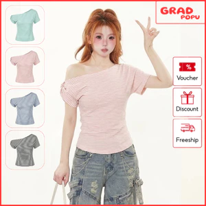 Áo thun nữ lệch vai GRADPOPU kẻ sọc Hàn Quốc, áo trễ vai form ôm tay ngắn co giãn thoáng mát AN471