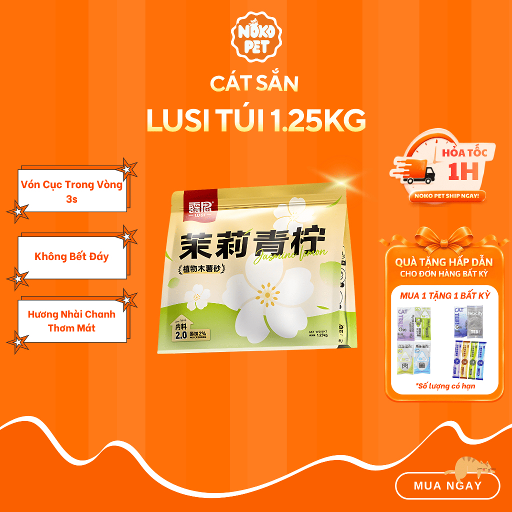 Cát Sắn LUSI Cho Mèo Hương Hoa Nhài & Chanh - Siêu Vón Cục, Khử Mùi Hiệu Quả, Không Bết Đáy, Plant Formula | NokoPet