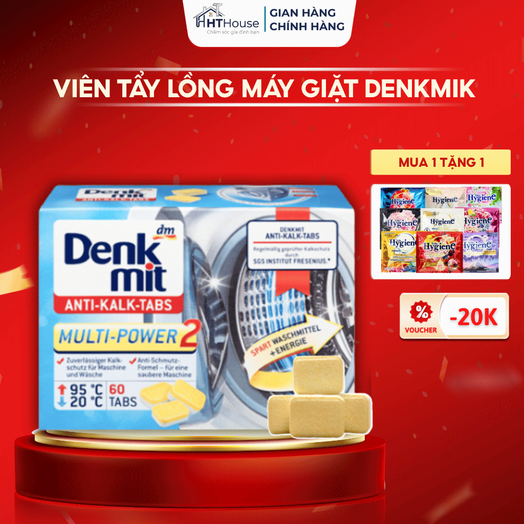 Viên tẩy lồng máy giặt Denkmit vệ sinh lồng giặt chính hãng nhập khẩu Đức diệt khuẩn, khử mùi hộp 60 viên