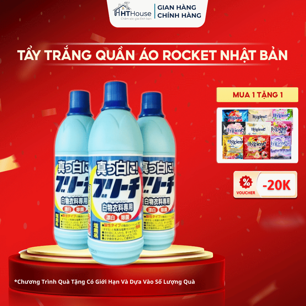 Nước tẩy trắng quần áo Rocket Nhật Bản 600ml chính hãng tẩy trắng các vết ố vàng và mốc đen khử mùi hôi quần áo