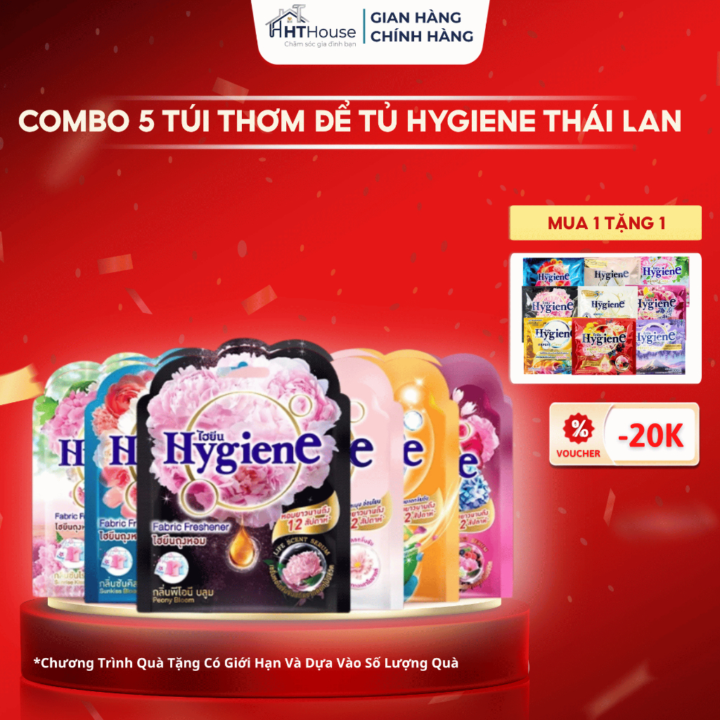 COMBO 5 Túi thơm để tủ quần áo Hygiene Thái Lan chính hãng lưu hương 6 tuần liên tục chống ẩm mốc quần áo