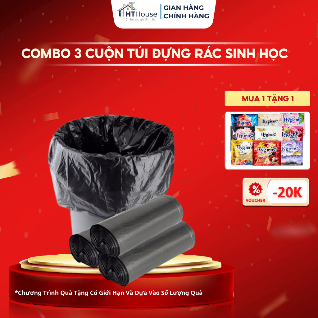 Combo 3 cuộn (1kg) túi đựng rác sinh học tự phân hủy cỡ nhỏ, trung, đại loại màu và đen, dày, dai cao cấp đủ cân