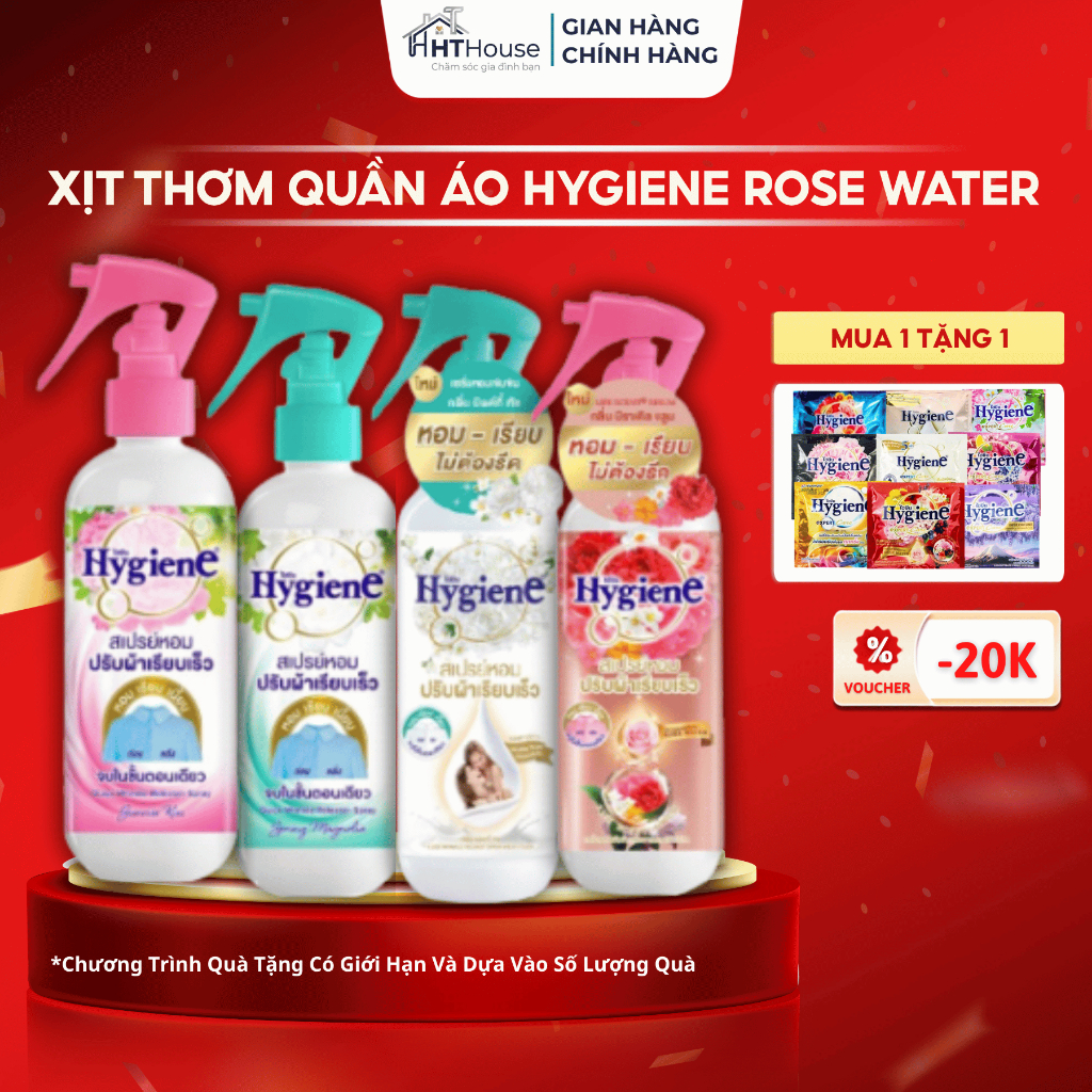 Xịt vải Hygiene, Xịt Thơm Quần Áo Hygiene Làm Phẳng Quần Áo, Xịt thơm Hygiene Rose Water Thái Lan Lưu Hương Lâu 220ml