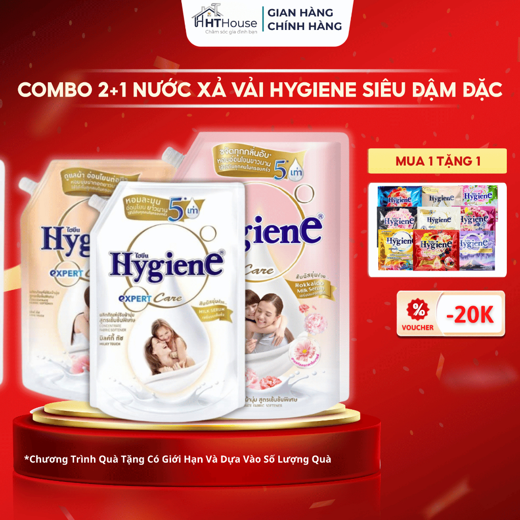 Combo 2+1 Nước Xả Vải Hygiene siêu đậm đặc lưu hương lâu 480ml/1gói
