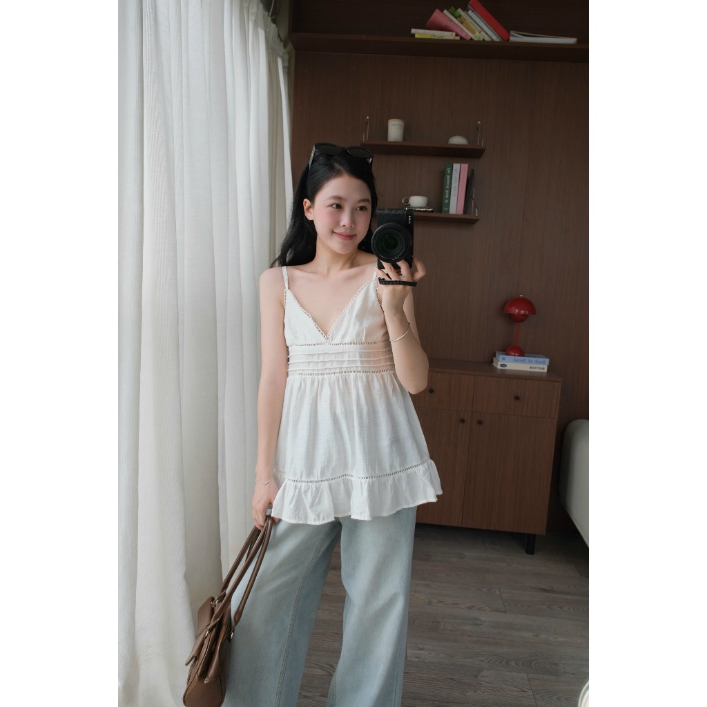 Momo Top (TSW) Áo đũi tơ 2 dây xếp ly ngực Nữ the.sweaterweather