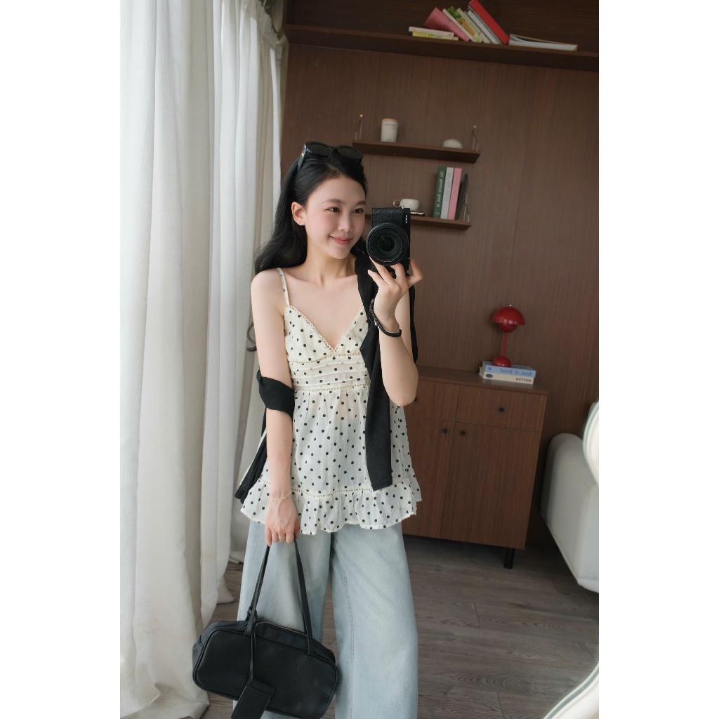 Momo Top (TSW) Áo đũi tơ 2 dây xếp ly ngực Nữ the.sweaterweather