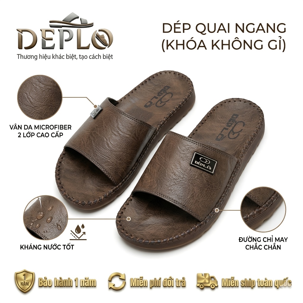 Dép Quay Ngang Nam DEOLO Vân Da MICROFIBER 2 Lớp Cao Cấp, Da Kháng Nước- Bảo Hành 12 Tháng