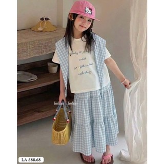 [B&G] Sét váy 3 chi tiết áo thun choàng cổ kèm chân váy caro dài đi biển đi chơi cho bé gái