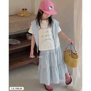 [B&G] Sét váy 3 chi tiết áo thun choàng cổ kèm chân váy caro dài đi biển đi chơi cho bé gái