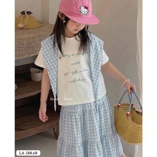 [B&G] Sét váy 3 chi tiết áo thun choàng cổ kèm chân váy caro dài đi biển đi chơi cho bé gái