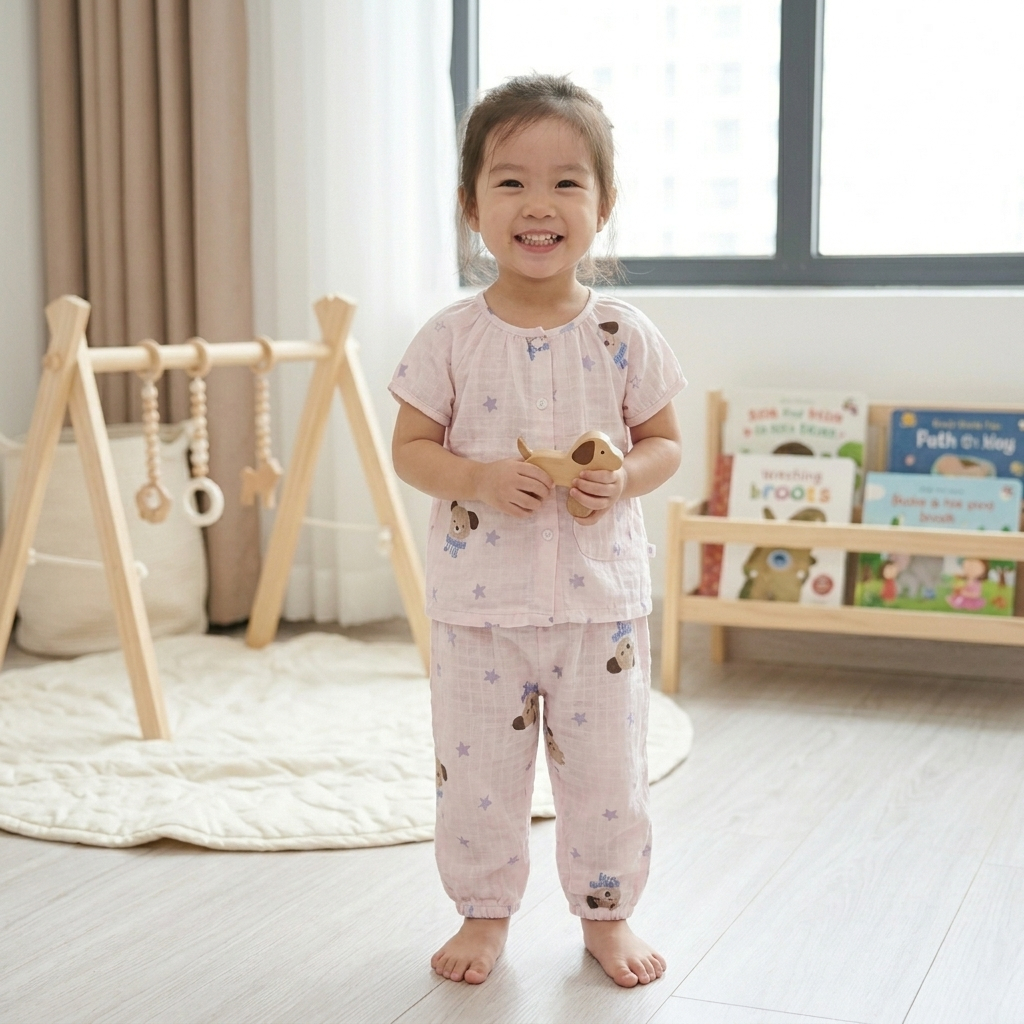 Bộ tay ngắn quần dài xô cotton Lá Homewear A339, đồ ngủ cộc tay bé gái quần bí dễ thương mềm mát